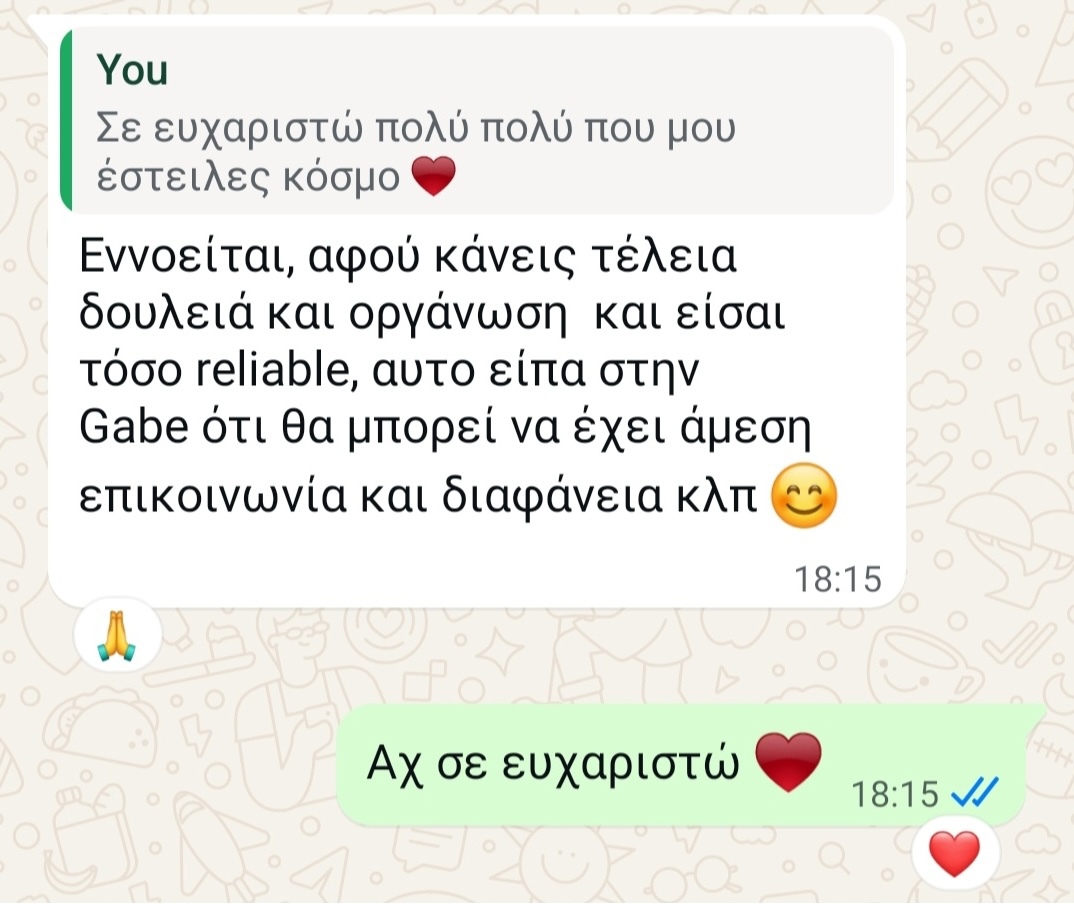 Long WhatsApp message from Efthychia describing an incredible trip